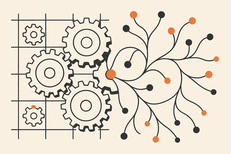 On the left, mechanical gears on a grid stand for rule-based automation; on the right, an organic network of connected nodes stands for AI judgment, the two meeting at an orange node in the centre.