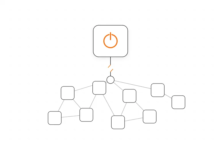A network of small connected nodes, standing for a business's tools and workflows, all hanging off a single control unit at the top marked with an orange power symbol; the supply line feeding the network is cut just below the control, showing the business depends on a switch it does not hold.